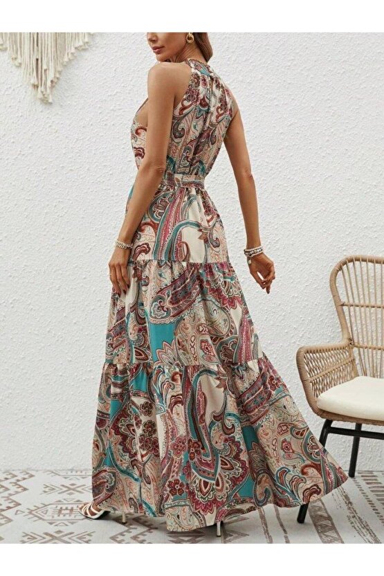 Kadın Halter Yakalı Omuzlardan Açık Kuşaklı Maksi Boy Desenli Süprem Elbise