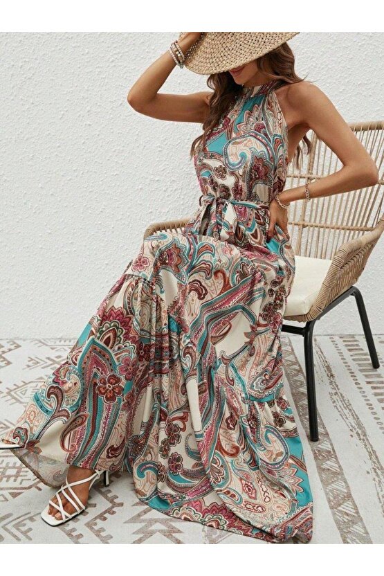 Kadın Halter Yakalı Omuzlardan Açık Kuşaklı Maksi Boy Desenli Süprem Elbise