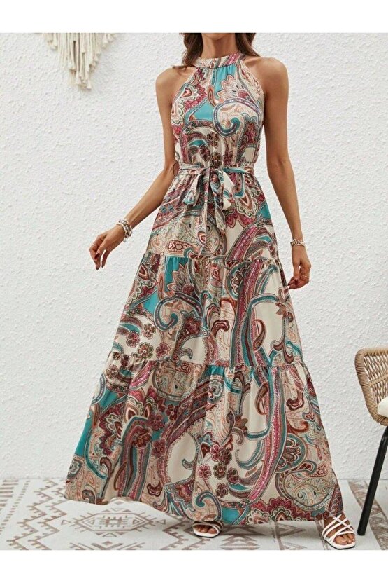 Kadın Halter Yakalı Omuzlardan Açık Kuşaklı Maksi Boy Desenli Süprem Elbise