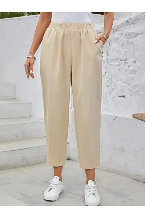 MDB Kadın Yüksek Bel Yandan Cepli Düğme Detaylı Geniş Kesim Ithal Krep Pantolon