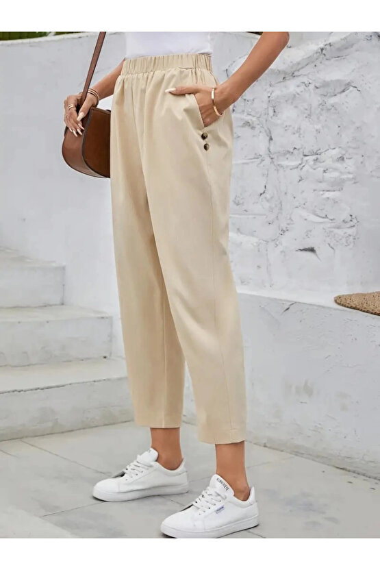 MDB Kadın Yüksek Bel Yandan Cepli Düğme Detaylı Geniş Kesim Ithal Krep Pantolon