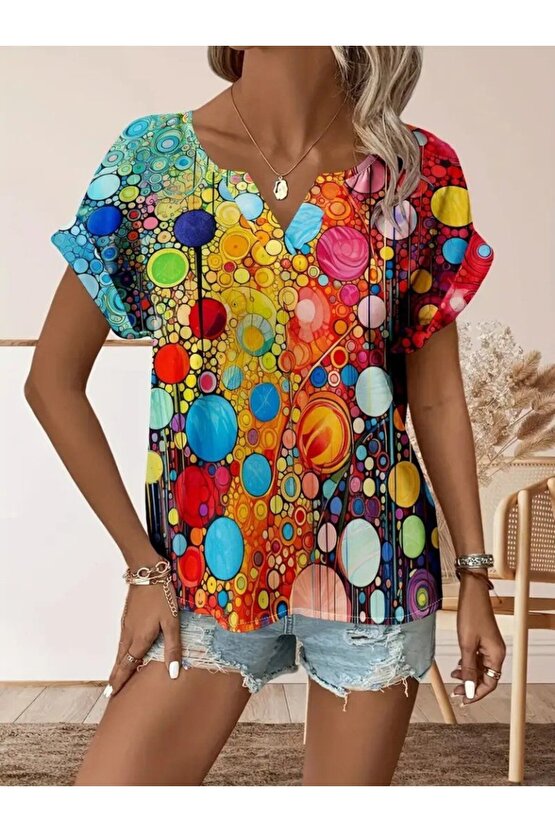 Kadın Kısa Kollu V Yakalı Desenli Süprem Bluz