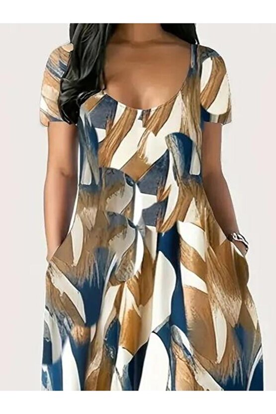 Kadın Kısa Kollu Yuvarlak Yaka Cepli Salaş Baskılı Süprem Elbise