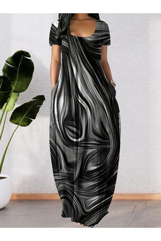 Kadın Kısa Kollu Yuvarlak Yaka Cepli Salaş Baskılı Süprem Elbise