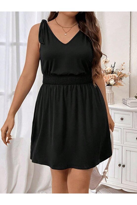 Kadın V Yakalı Belinde Gipe Detay Krep Elbise