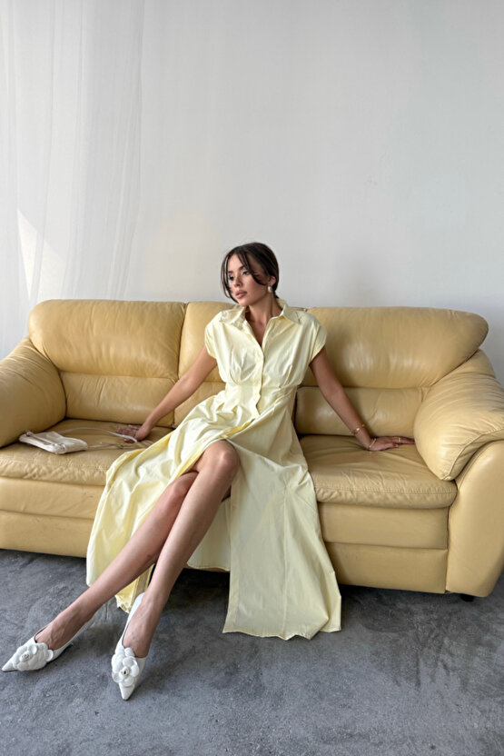 EQURİ KOLSUZ VATKALI ÖNDEN DÜĞMELİBEL PENS DETAYLI POPLİN ELBİSE - Sarı