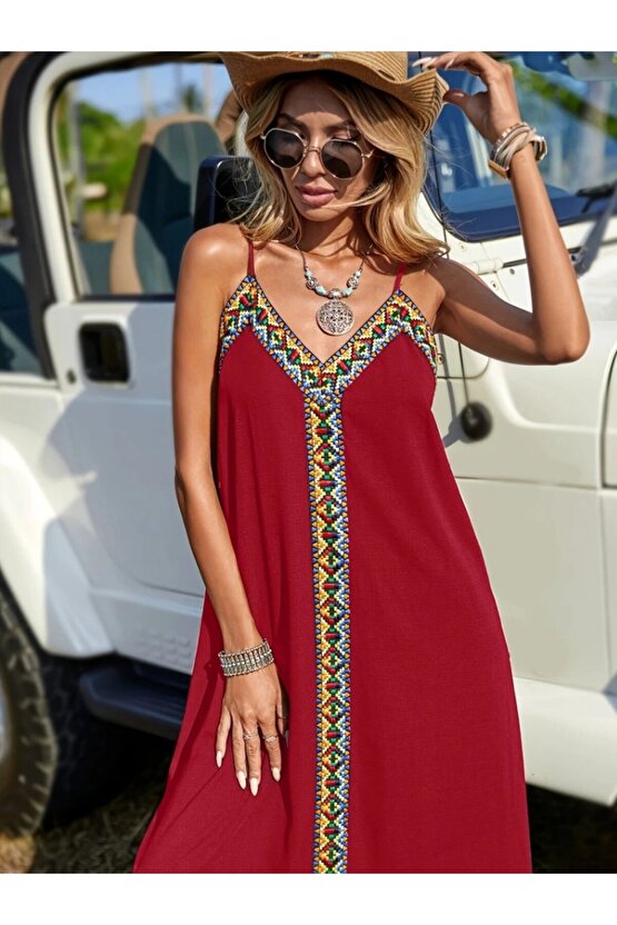 Kadın Askılı V Yakalı Etnik şerit Detaylı Uzun Viskon Elbise