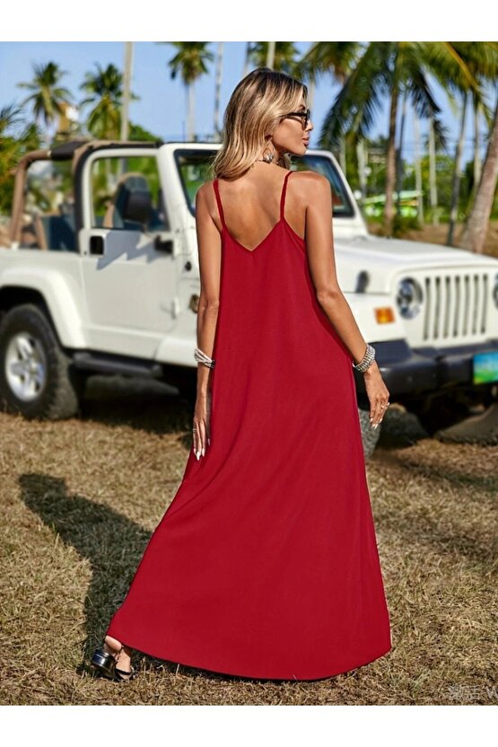 Kadın Askılı V Yakalı Etnik şerit Detaylı Uzun Viskon Elbise