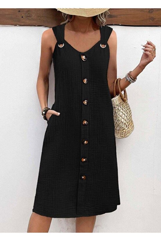 Kadın Askılı V Yakalı önden Düğmeli Narin Elbise