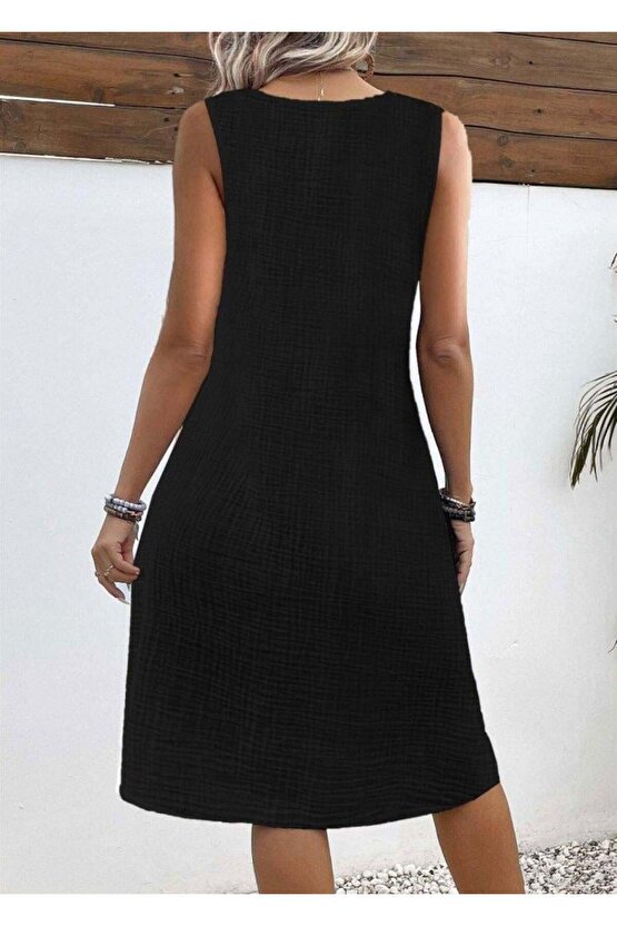 Kadın Askılı V Yakalı önden Düğmeli Narin Elbise