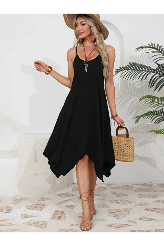 MDB Kadın Ip Askılı Yuvarlak Yakalı Asimetrik Kesim Viskon Elbise