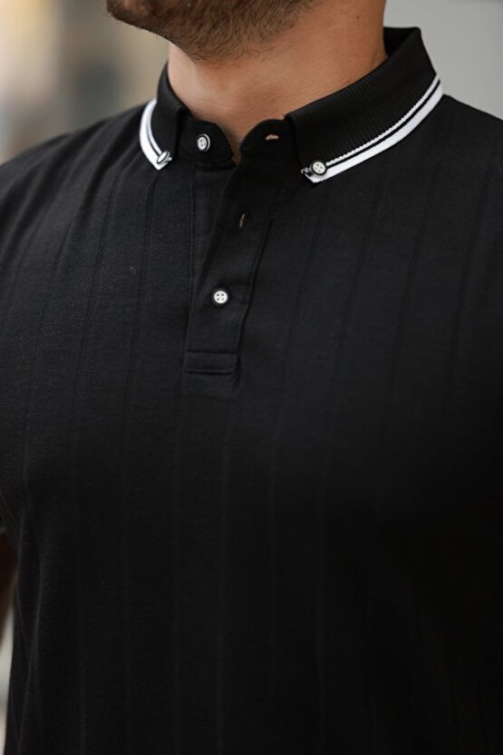 Erkek Düğme Yakalı Jakar Kumaş Kısa Kollu Tişört