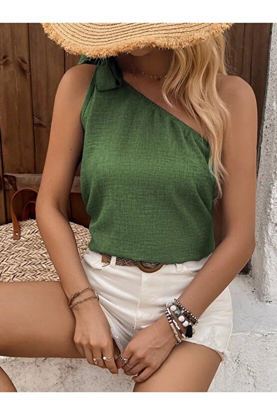 Kadın Tek Omuzdan Askılı Bağcıklı Keten Bluz