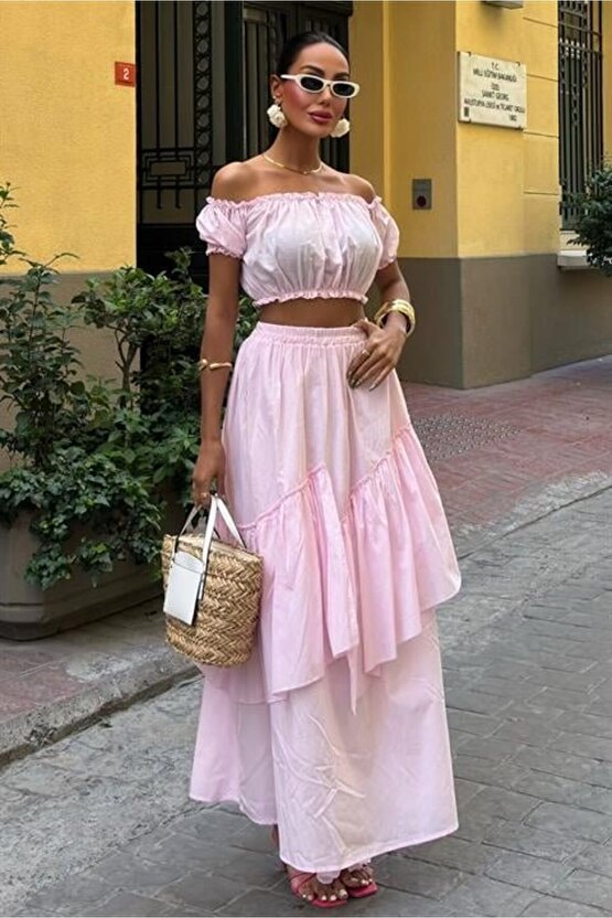 Büzgülü Crop Kat Detaylı Fırfır Etekli Takım 10196