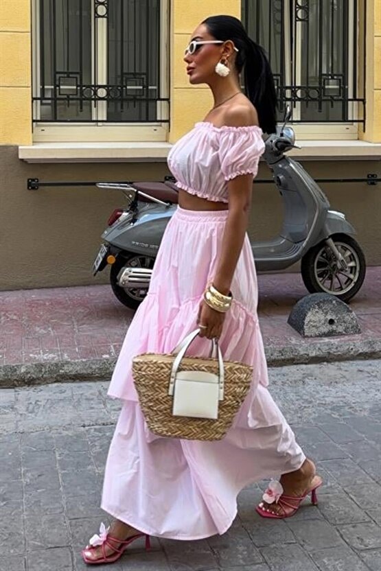 Büzgülü Crop Kat Detaylı Fırfır Etekli Takım 10196