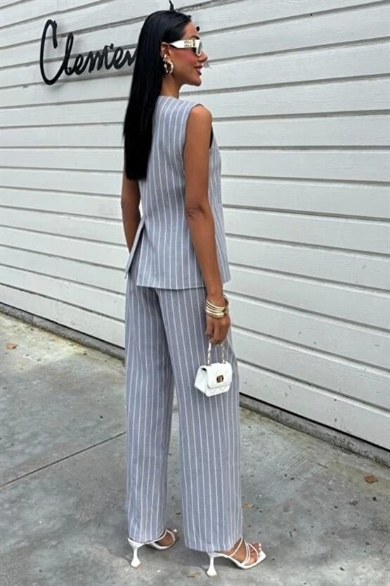 Çizgili Viscon Keten Yelekli Rahat Takım 10121