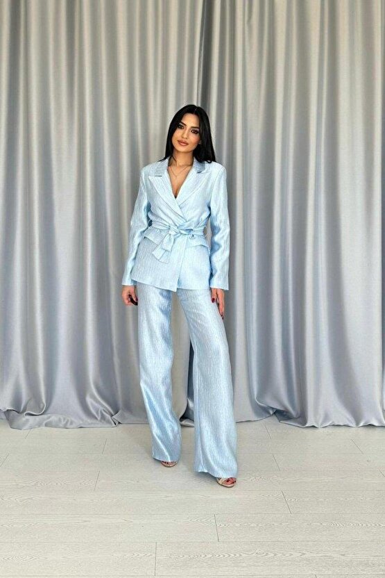 Mavi Beli Kuşaklı Ceket Ve Pantolon Parlak Takım