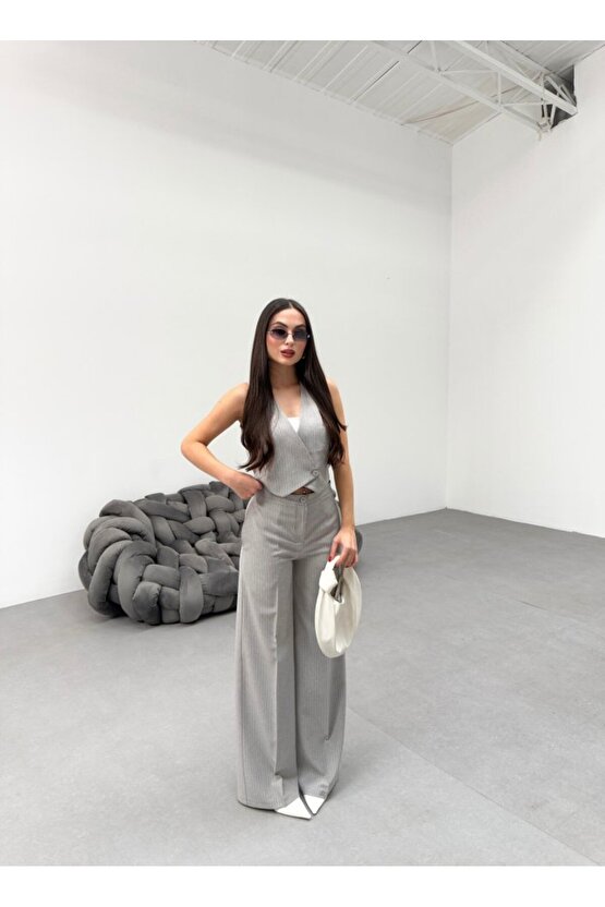 Toskana Çizgili Kruvaze Yaka Tek Düğmeli Yelek Pantolon Takim - M - A.Gri