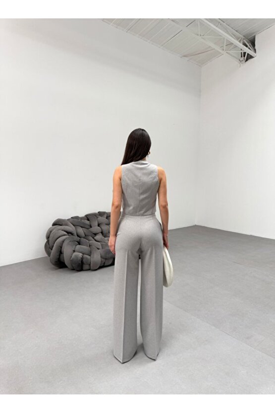 Toskana Çizgili Kruvaze Yaka Tek Düğmeli Yelek Pantolon Takim - M - A.Gri