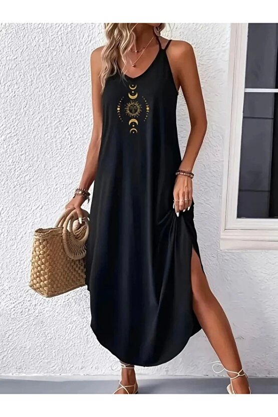 Kadın Askılı V Yakalı Desenli Uzun Viskon Elbise