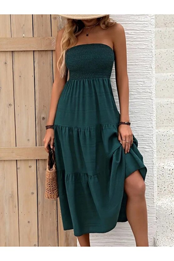 Kadın Straplez Göğüsten Lastikli Kloş Aerobin Uzun Elbise