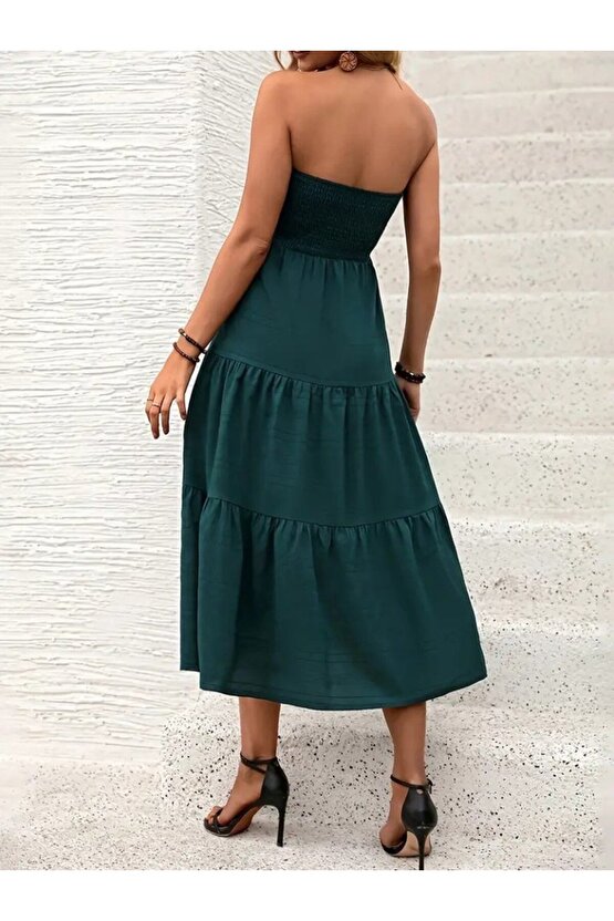 Kadın Straplez Göğüsten Lastikli Kloş Aerobin Uzun Elbise