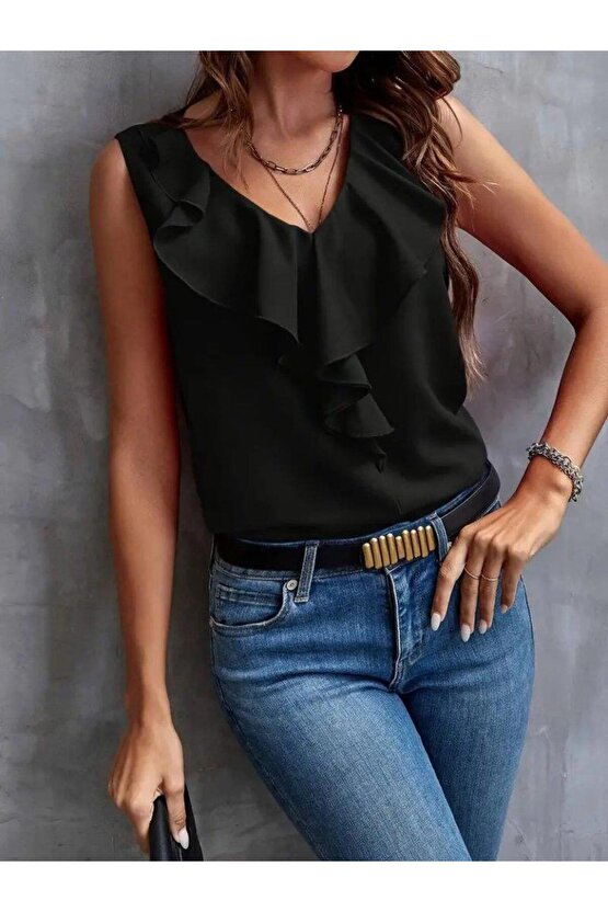 Kadın Sıfır Kollu V Yakalı Volanlı Ithal Krep Bluz