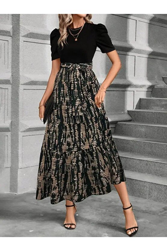 Kadın Kısa Kollu Bisiklet Yaka üst Ithal Krep Alt Süprem Maksi Boy Elbise