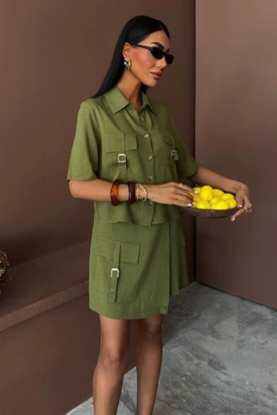 Gömlek Şort Etek Viscon Keten Takım 10162