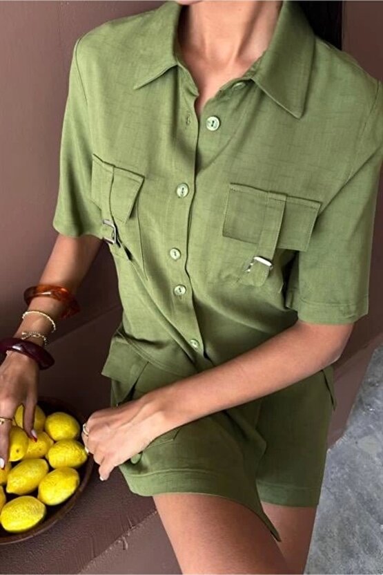 Gömlek Şort Etek Viscon Keten Takım 10162