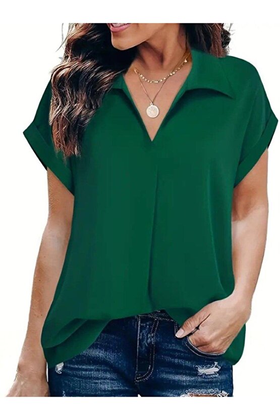 Kadın Kısa Kollu Yakalı Uzun Sandy Bluz