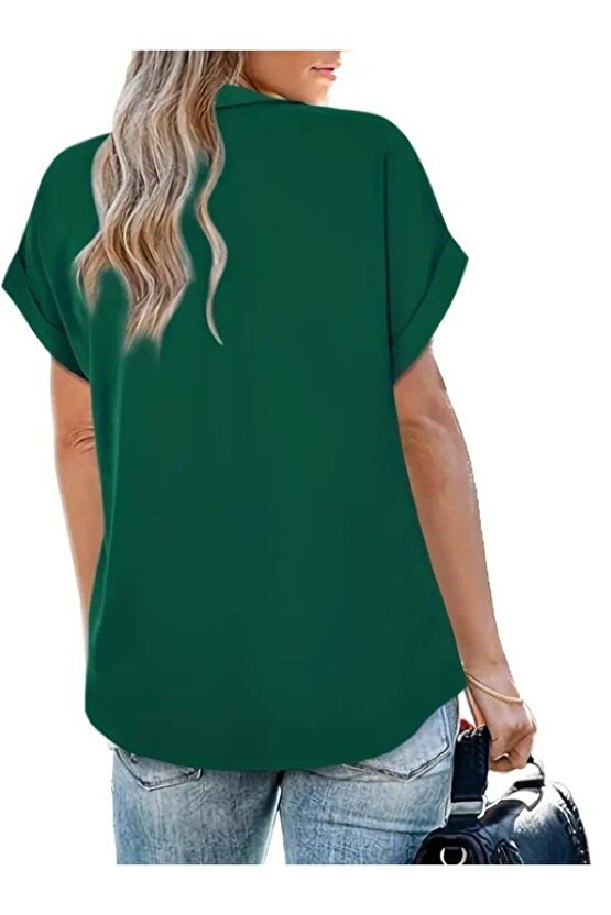 Kadın Kısa Kollu Yakalı Uzun Sandy Bluz