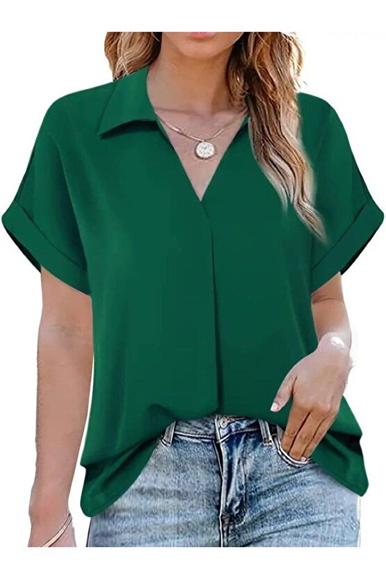 Kadın Kısa Kollu Yakalı Uzun Sandy Bluz