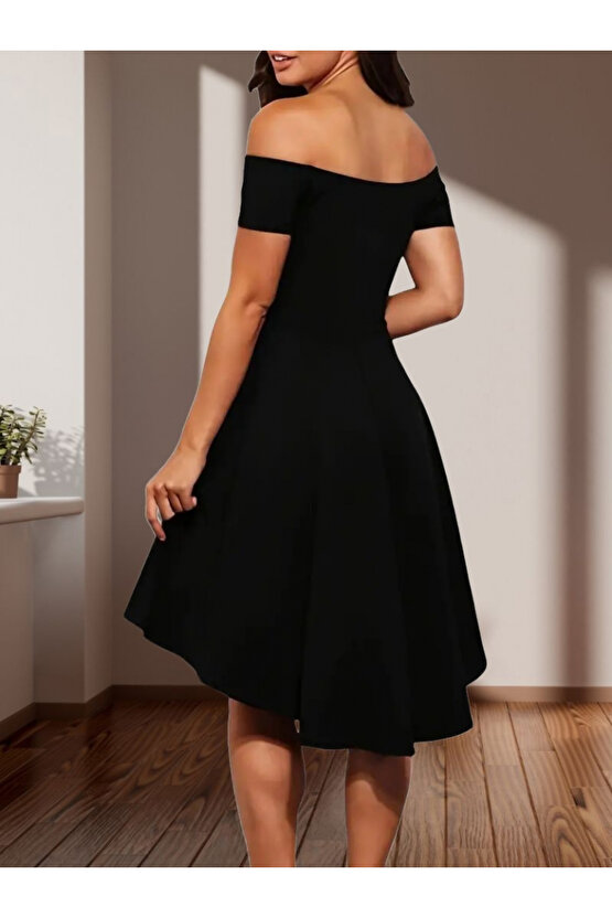 Kadın Kısa Kollu Madonna Yaka önü Kısa Arkası Uzun Ithal Krep Elbise