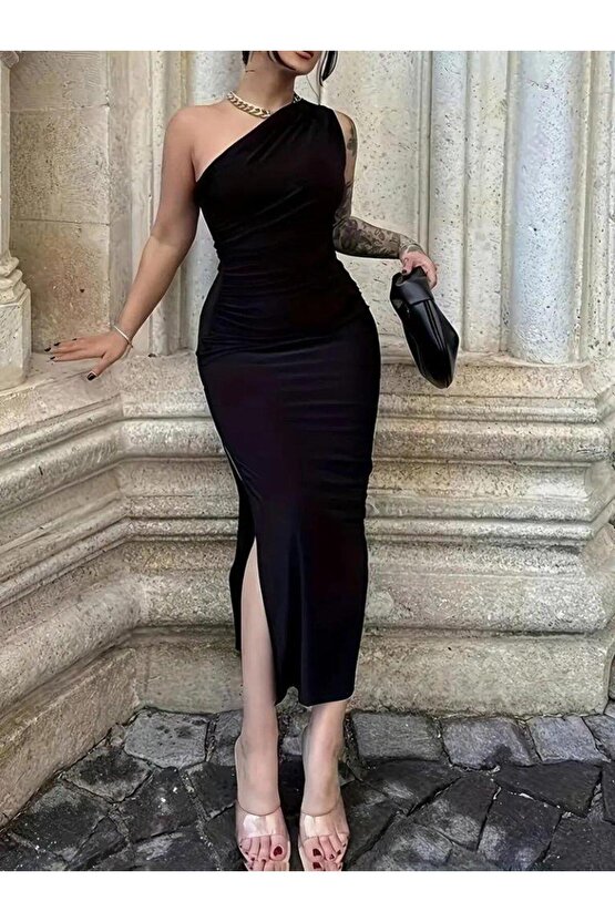 Kadın Tek Omuzu Açık Büzgülü Yandan Yırtmaçlı Uzun Sandy Elbise