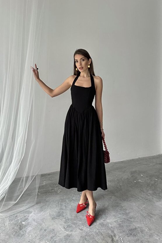 Siyah Boyundan Bağlamalı Keten Elbise