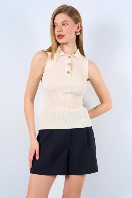 Yumuşak Dokulu Patlı Düğmeli Triko Atlet - Beyaz