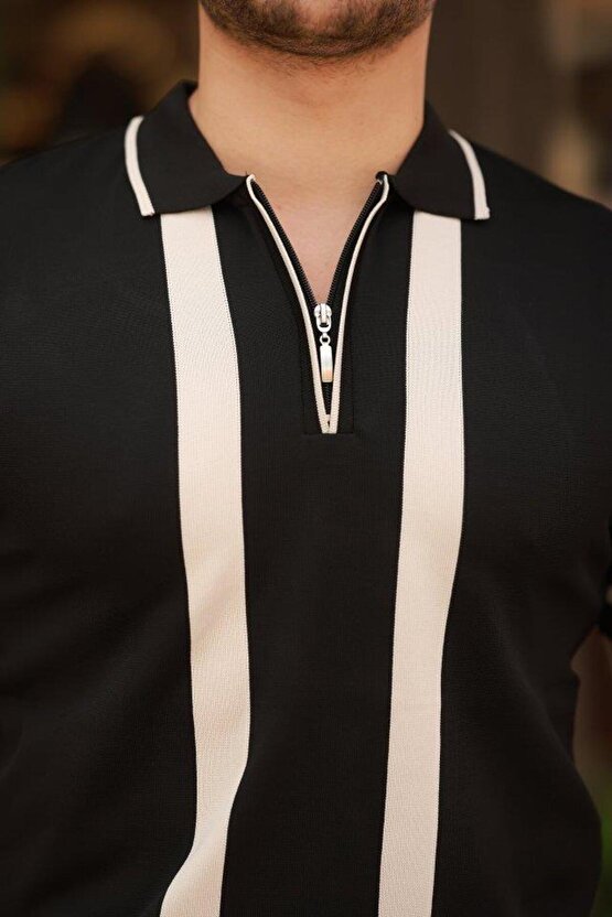 Erkek Fermuar Yakalı şerit Detaylı Kısa Kollu Tişört