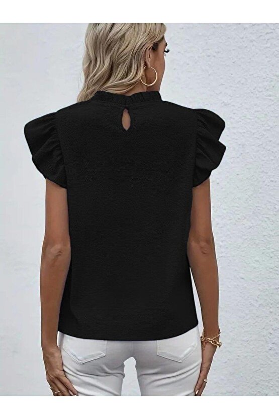 Kadın Kısa Kollu Fırfır Yakalı Bürümcük Bluz