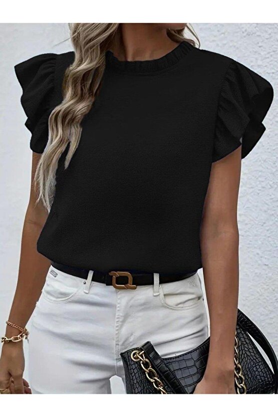 Kadın Kısa Kollu Fırfır Yakalı Bürümcük Bluz