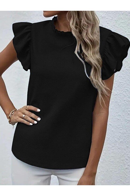 Kadın Kısa Kollu Fırfır Yakalı Bürümcük Bluz