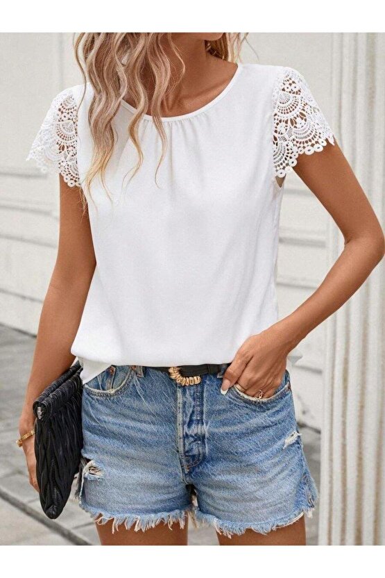 Kadın Kısa Dantel Kollu Bisiklet Yaka Sandy Bluz