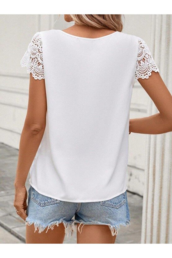 Kadın Kısa Dantel Kollu Bisiklet Yaka Sandy Bluz