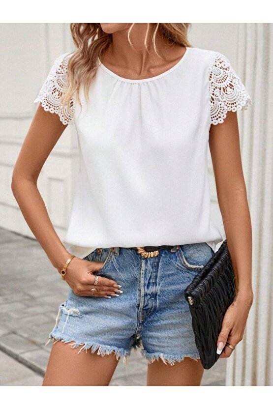 Kadın Kısa Dantel Kollu Bisiklet Yaka Sandy Bluz