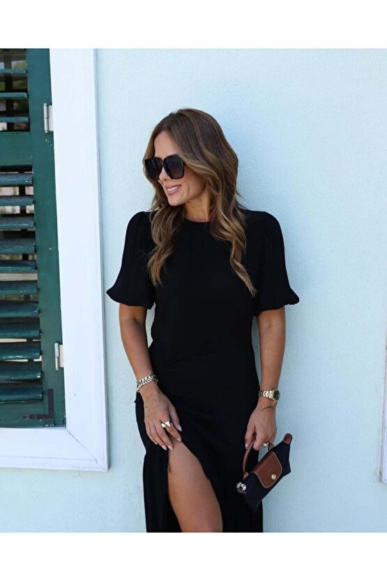 Kadın Kısa Kollu Bisiklet Yakalı Yandan Yırtmaçlı Büzgülü Janjan Krep Elbise