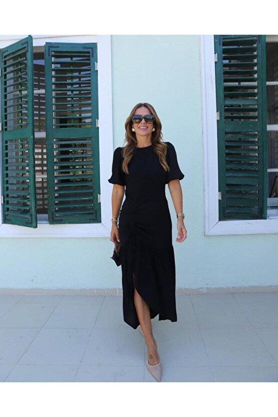 Kadın Kısa Kollu Bisiklet Yakalı Yandan Yırtmaçlı Büzgülü Janjan Krep Elbise