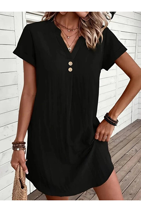 MDB Kadın Kısa Kollu V Yakalı Düğmeli Müslim Kısa Elbise