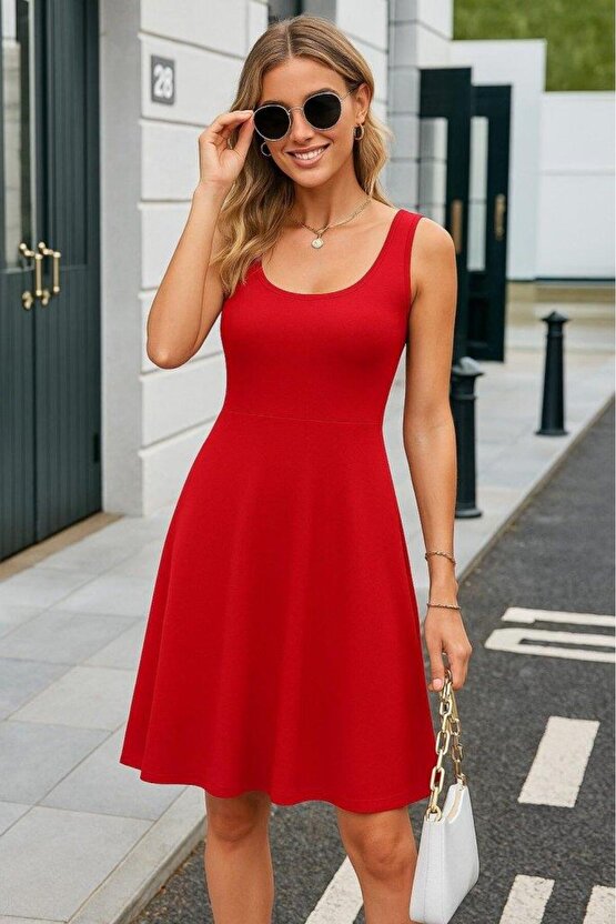 Kadın Askılı Yuvarlak Yaka Kısa Viskon Elbise