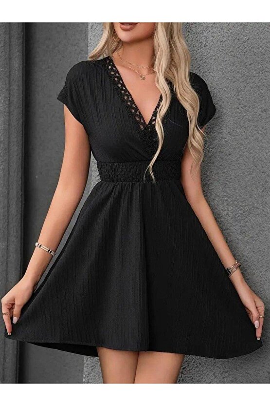 Kadın Kısa Kollu Kruvaze Yakalı Beli Lastikli Bürümcük Elbise