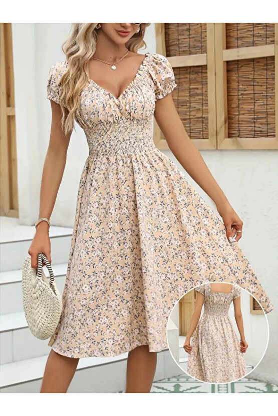 MDB Kadın Kısa Kollu Kruvaze Yaka Lastikli Belden Gipeli çiçek Desenli Suprem Elbise